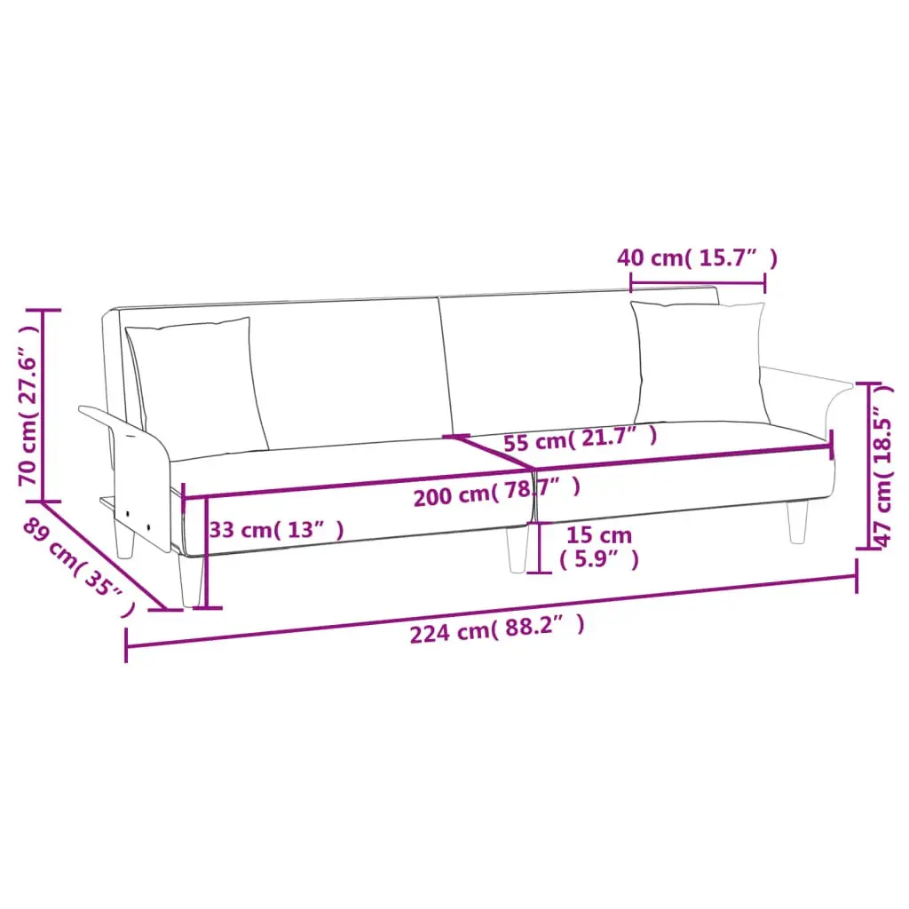 Sofa Bed with Armrests Black Fabric Adjustable Backrest Sleeper Couch Guest Bed