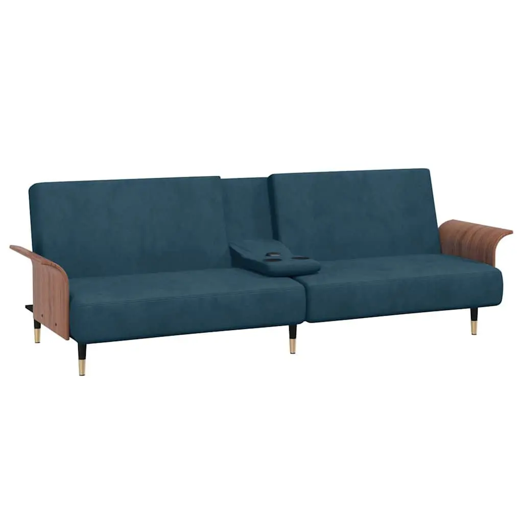 Sofa Bed with Adjustable Backrest Cup Holders USB Ports Blue Velvet Sleeper