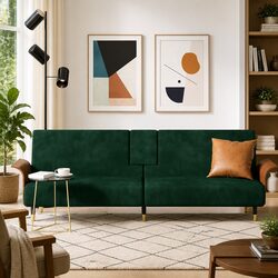 Sofa Bed Green Velvet Adjustable Backrest Cup Holders Foldable Tea Table USB