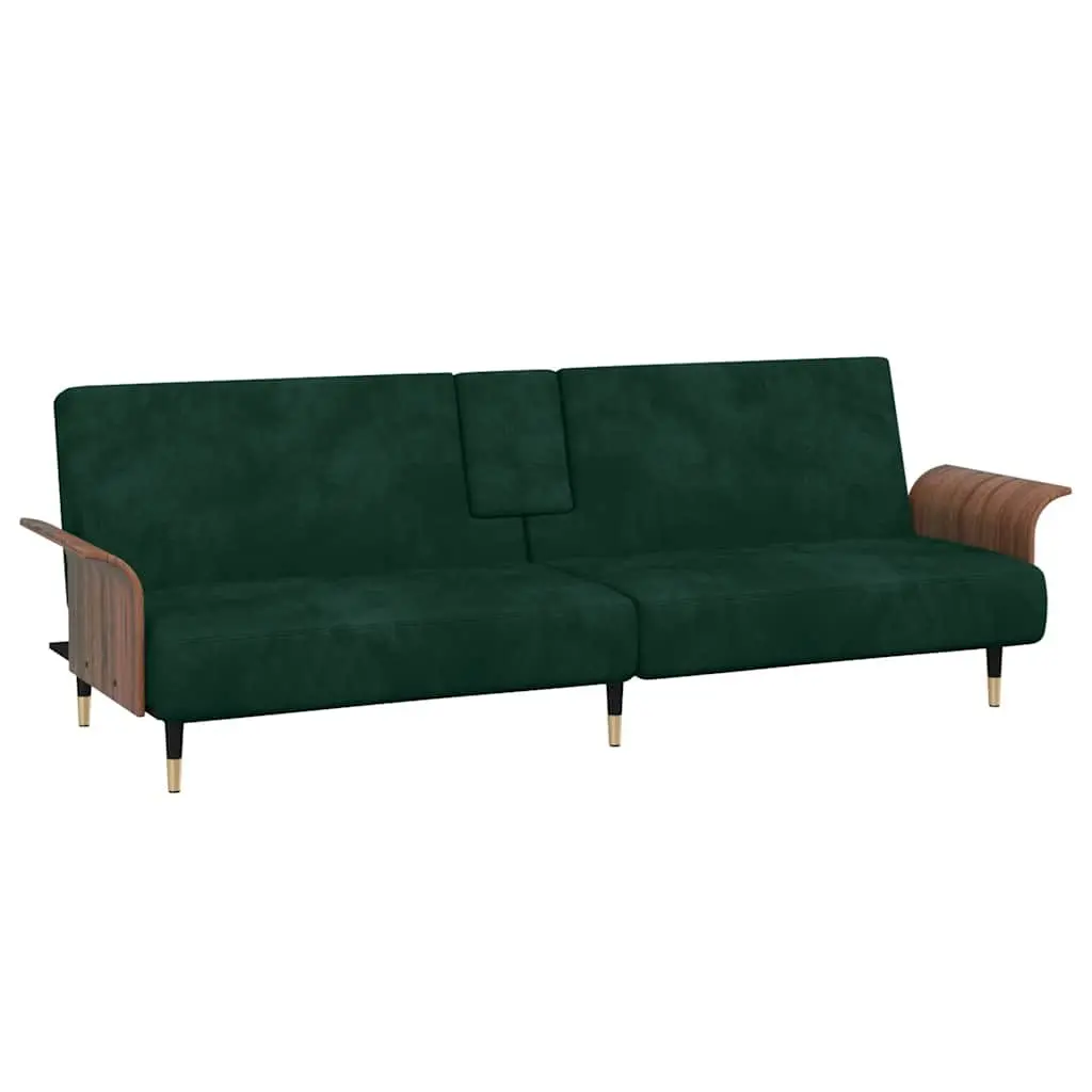 Green Velvet Sofa Bed with Adjustable Backrest Foldable Tea Table and Cup Holders