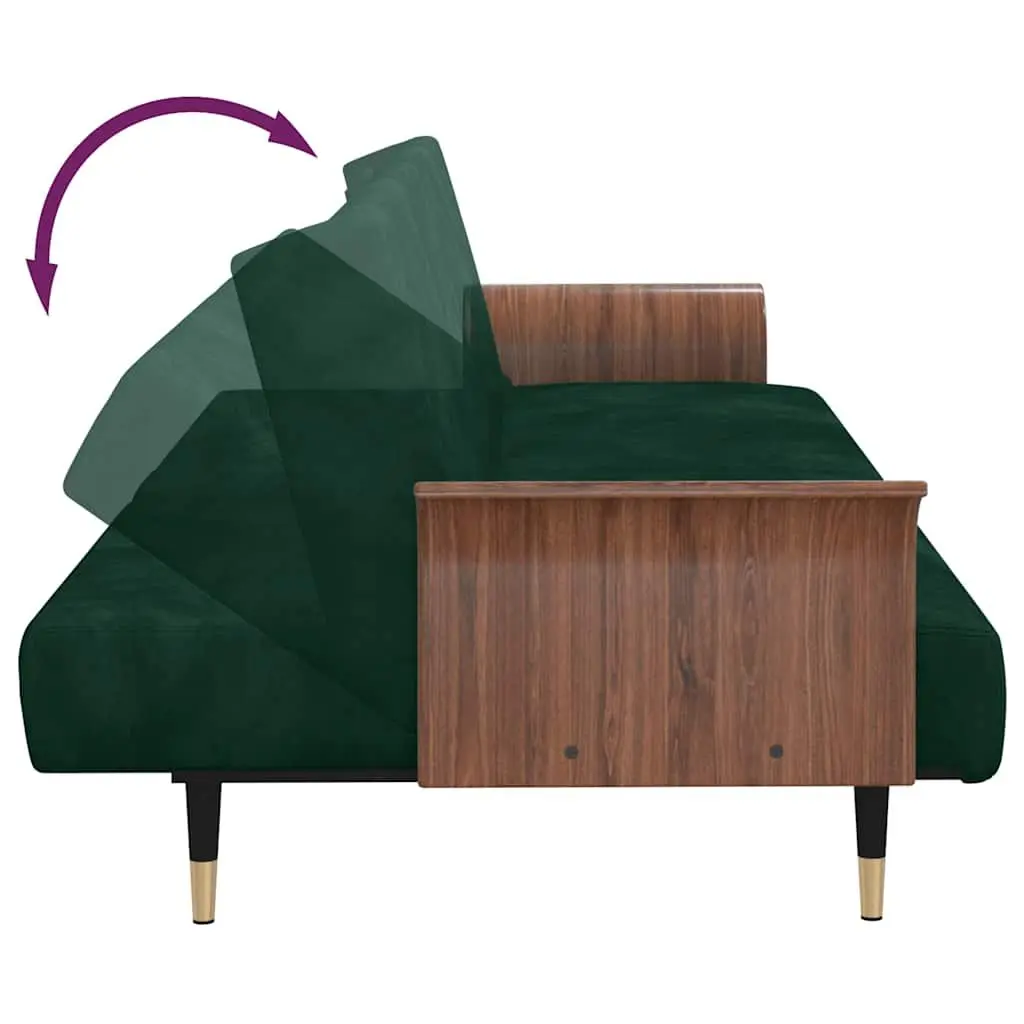 Green Velvet Sofa Bed with Adjustable Backrest Foldable Tea Table and Cup Holders