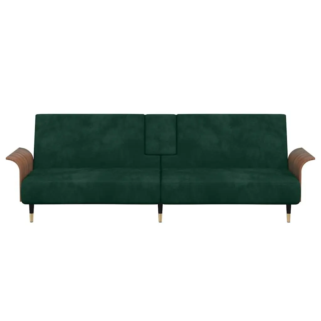 Green Velvet Sofa Bed with Adjustable Backrest Foldable Tea Table and Cup Holders