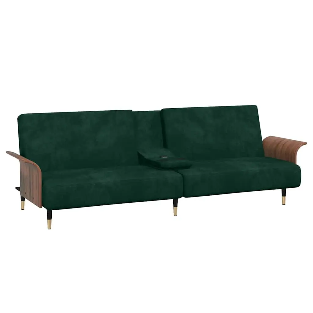 Green Velvet Sofa Bed with Adjustable Backrest Foldable Tea Table and Cup Holders