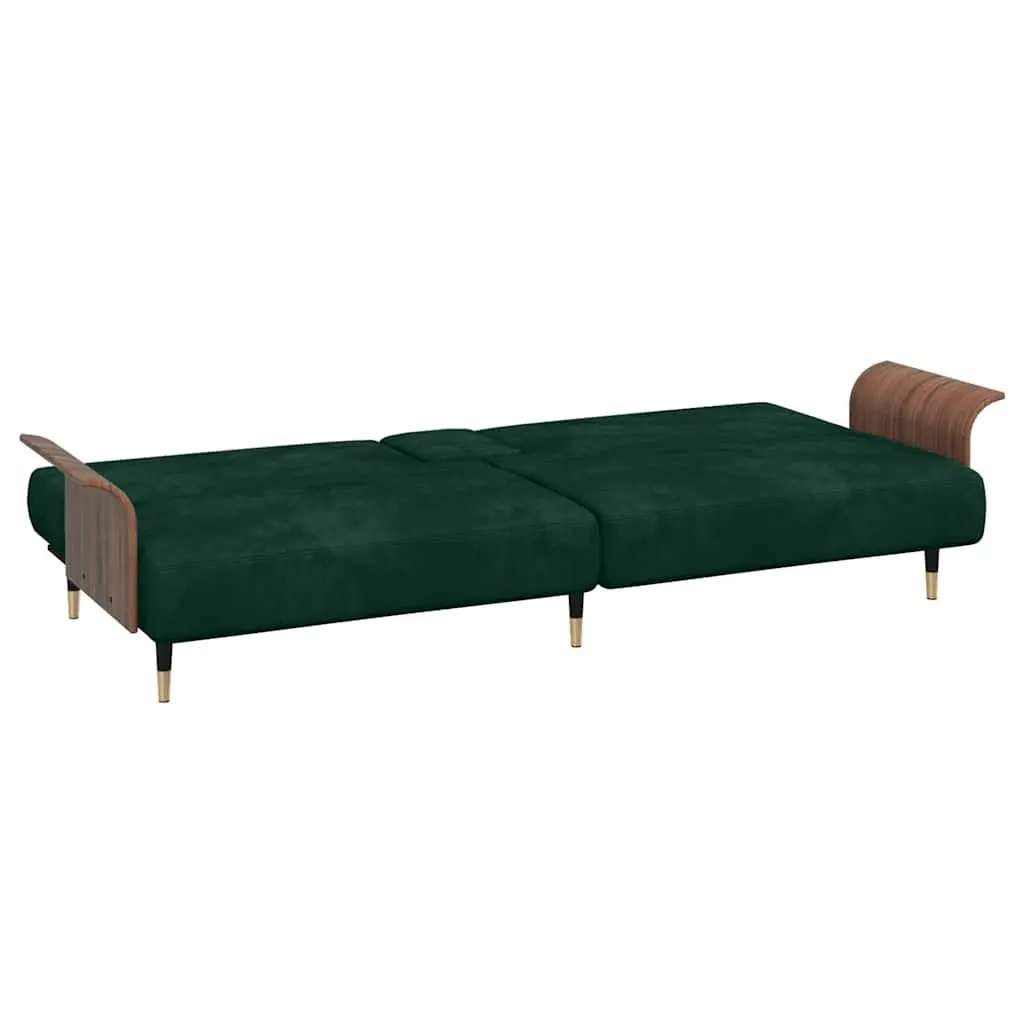 Green Velvet Sofa Bed with Adjustable Backrest Foldable Tea Table and Cup Holders