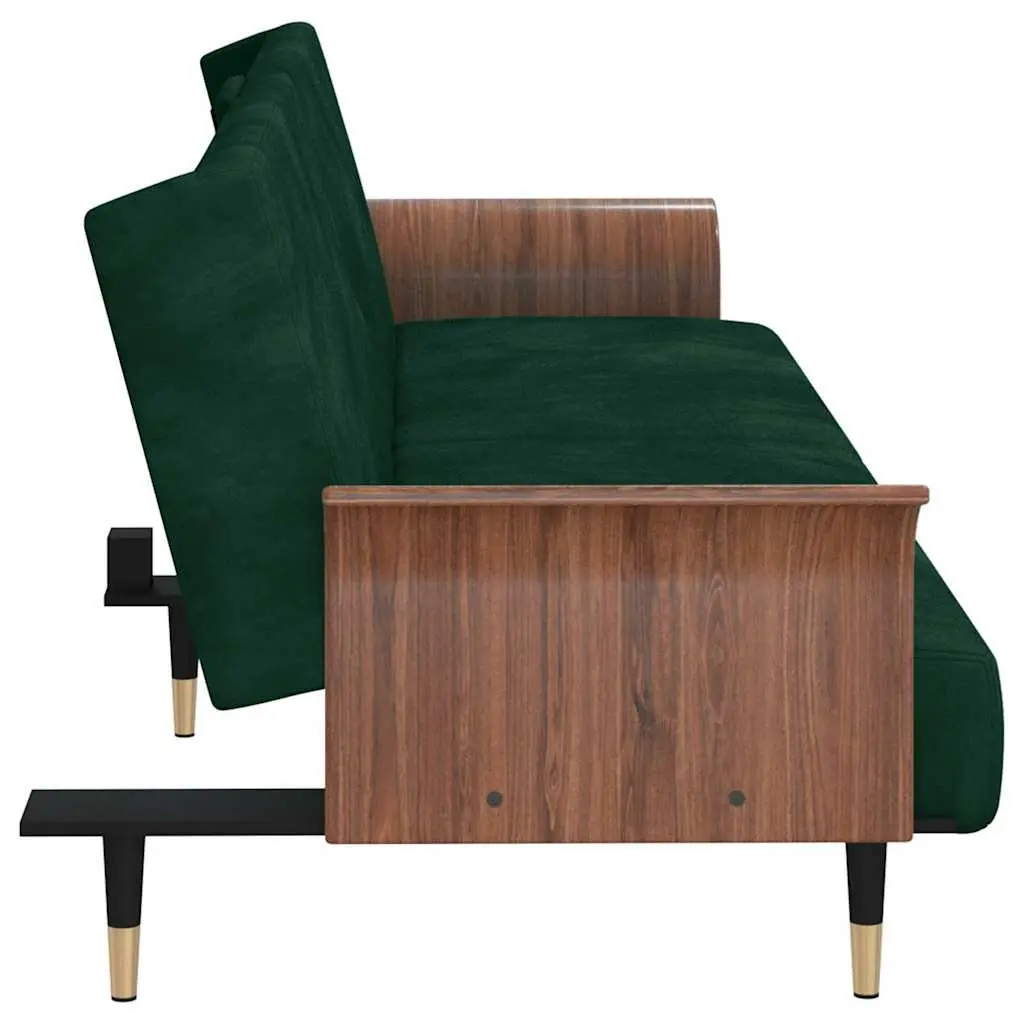 Green Velvet Sofa Bed with Adjustable Backrest Foldable Tea Table and Cup Holders