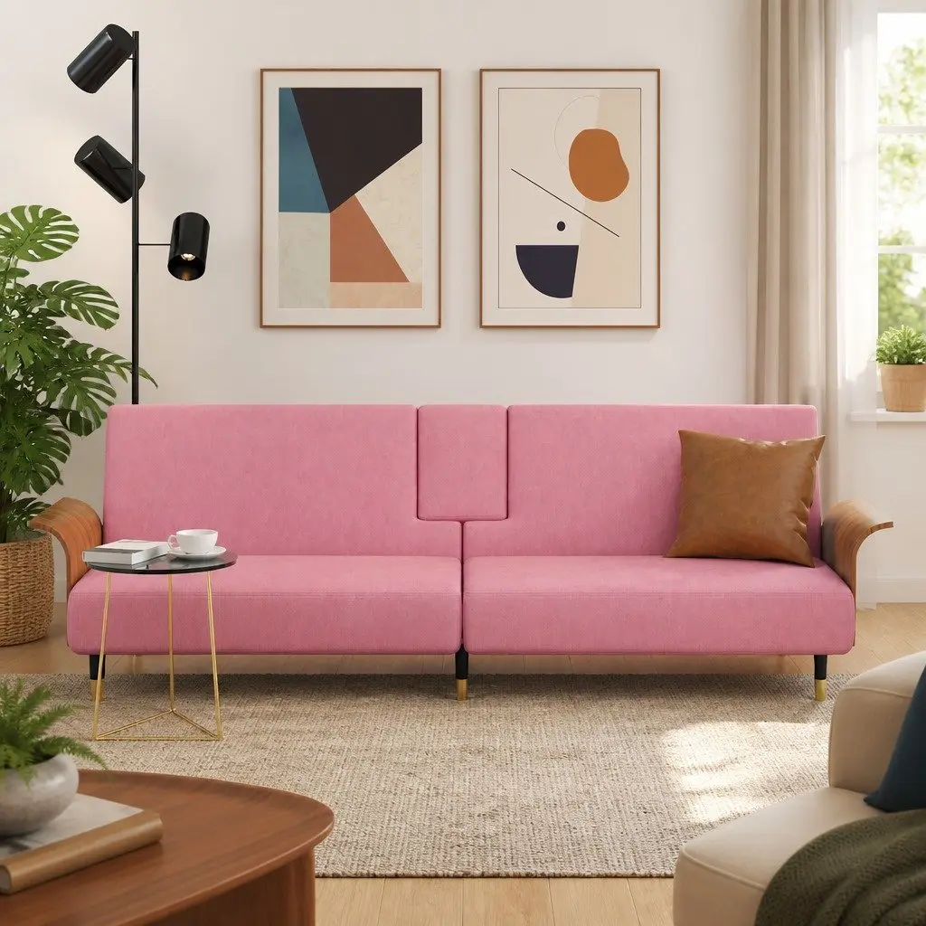 Sofa Bed Pink Velvet Adjustable Backrest Foldable Tea Table