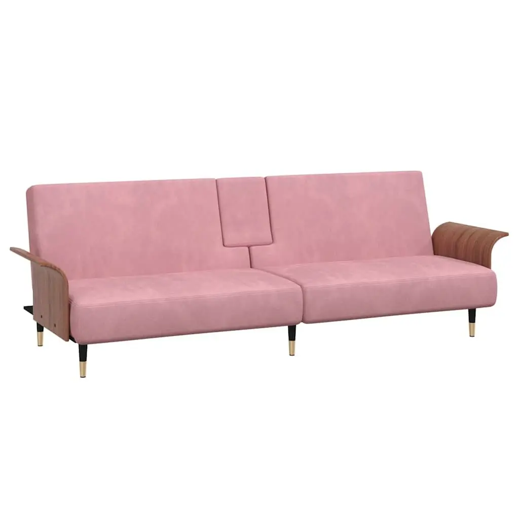 Sofa Bed Pink Velvet Adjustable Backrest Foldable Tea Table