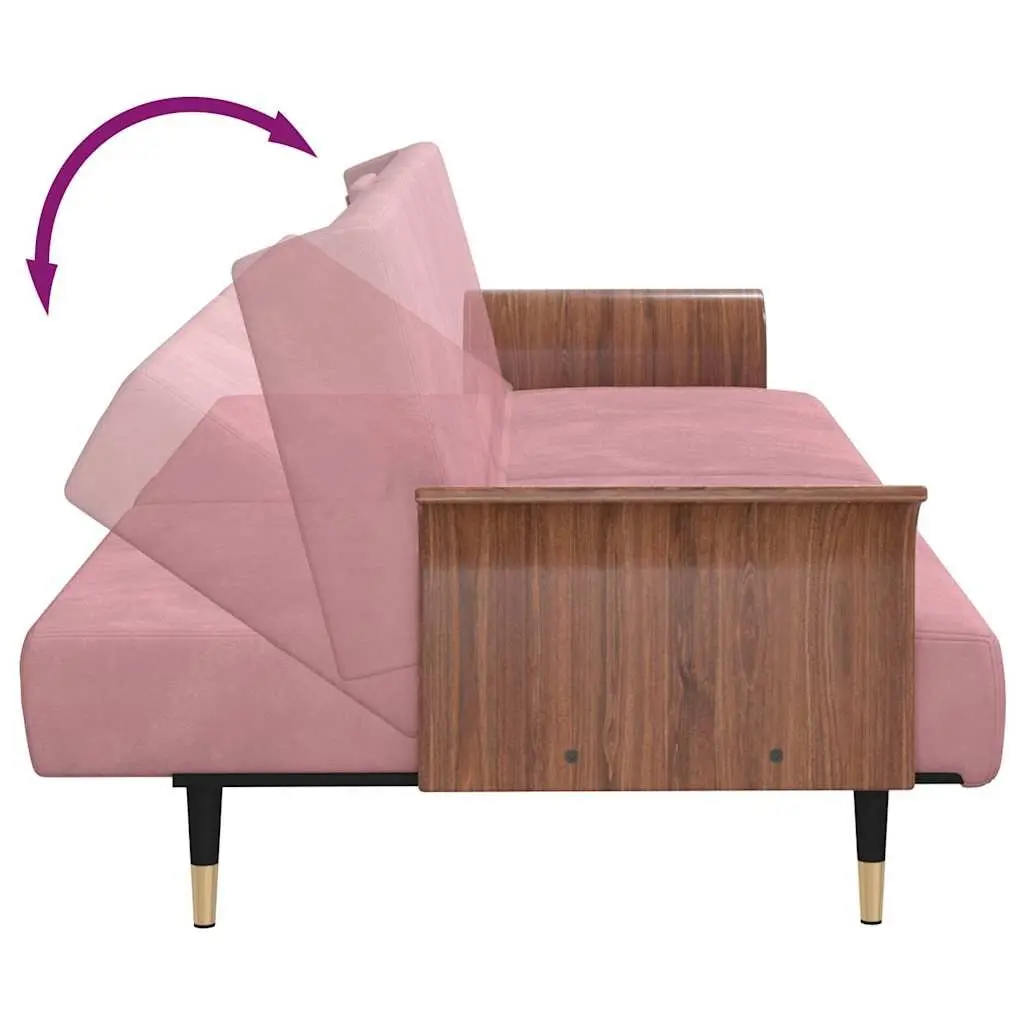Sofa Bed Pink Velvet Adjustable Backrest Foldable Tea Table