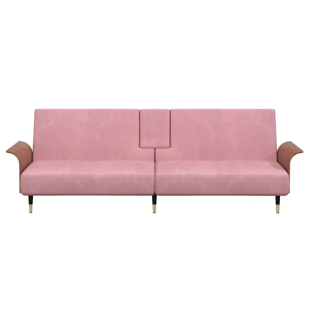 Sofa Bed Pink Velvet Adjustable Backrest Foldable Tea Table