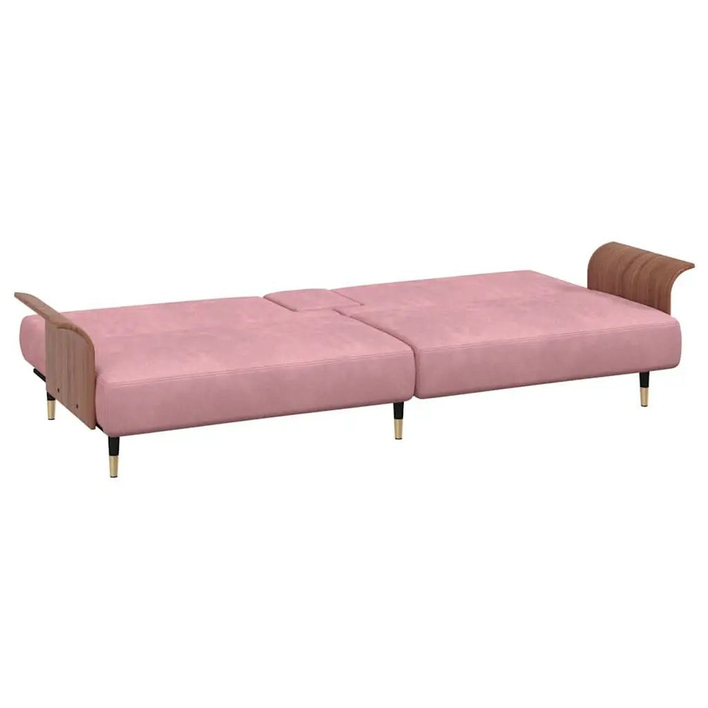 Sofa Bed Pink Velvet Adjustable Backrest Foldable Tea Table