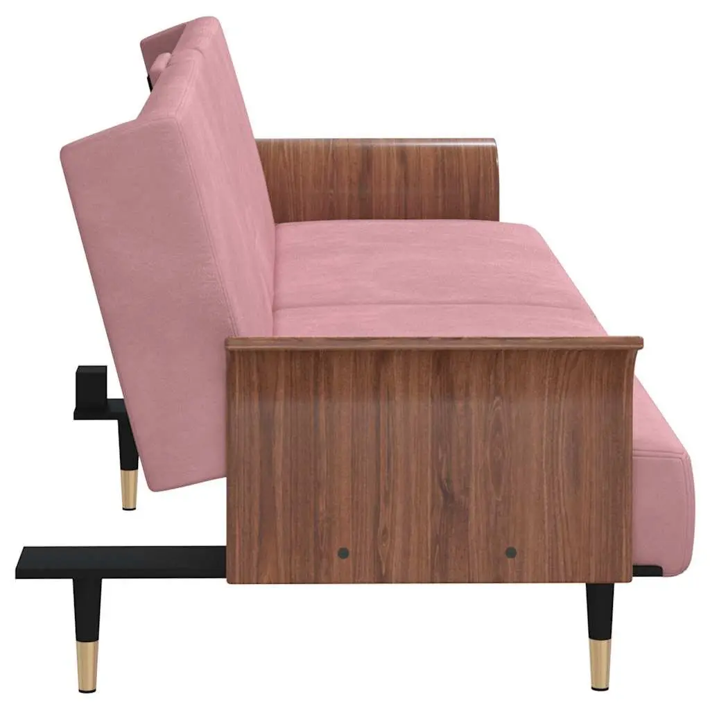 Sofa Bed Pink Velvet Adjustable Backrest Foldable Tea Table
