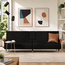 Sofa Bed with Adjustable Backrest Cup Holders Foldable Tea Table Black Velvet