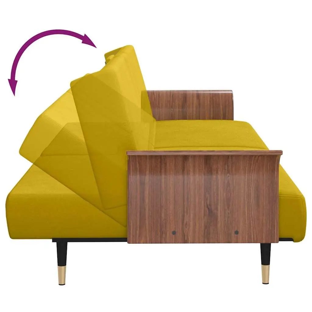 Yellow Velvet Sofa Bed with Adjustable Backrest Cup Holders Foldable Tea Table