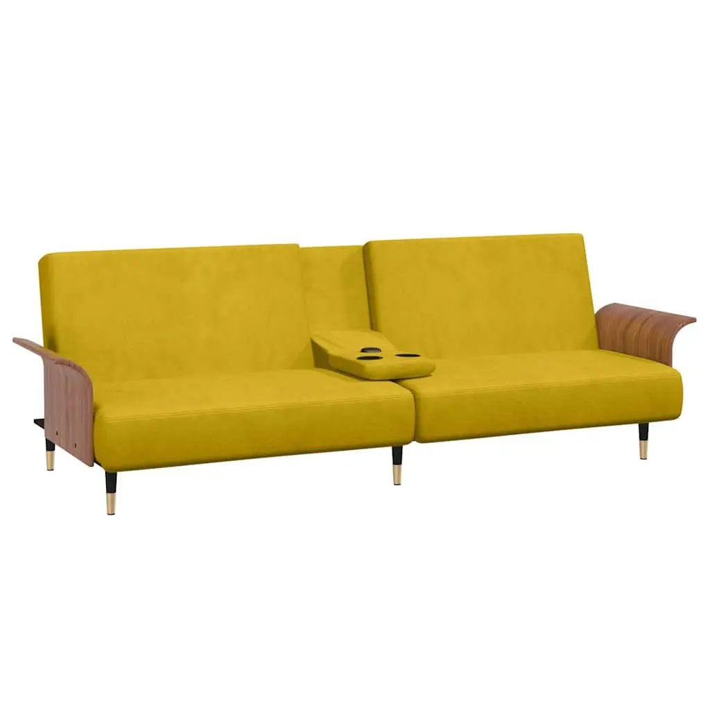 Yellow Velvet Sofa Bed with Adjustable Backrest Cup Holders Foldable Tea Table