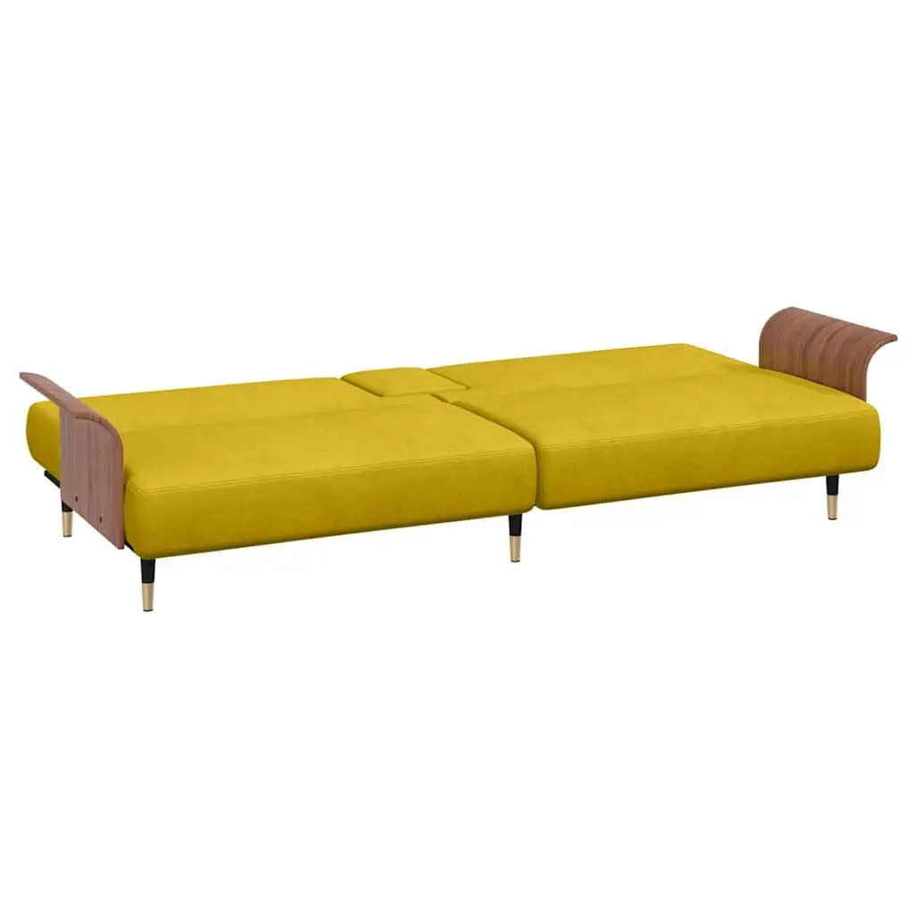 Yellow Velvet Sofa Bed with Adjustable Backrest Cup Holders Foldable Tea Table