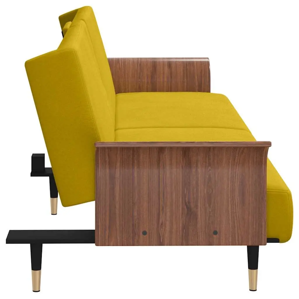 Yellow Velvet Sofa Bed with Adjustable Backrest Cup Holders Foldable Tea Table