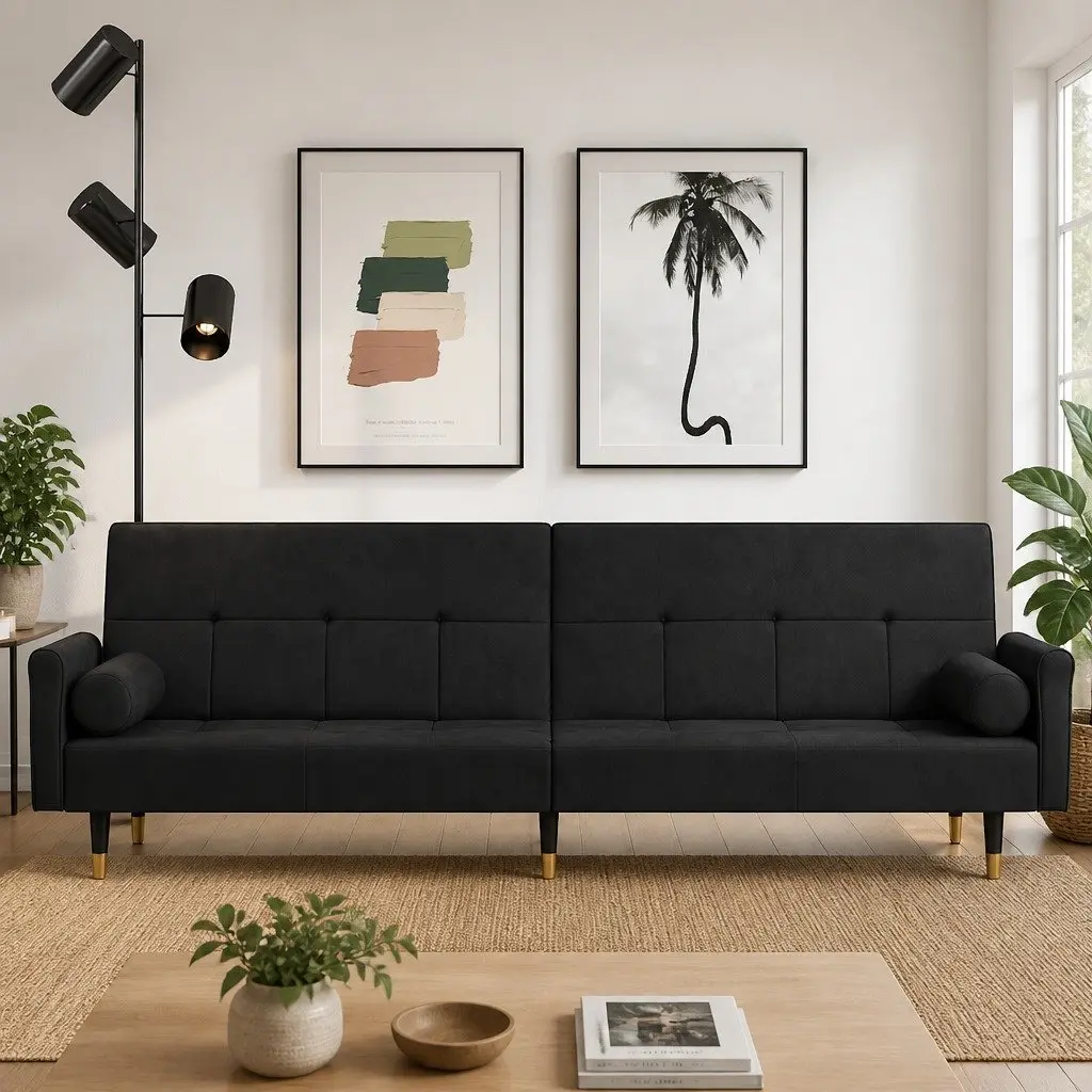 Black Velvet Sofa Bed with Adjustable Comfort
