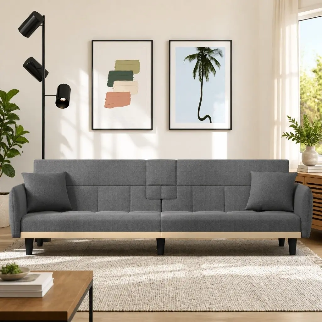 Sofa Bed Adjustable Backrest with Cup Holders Foldable Tea Table Grey Fabric