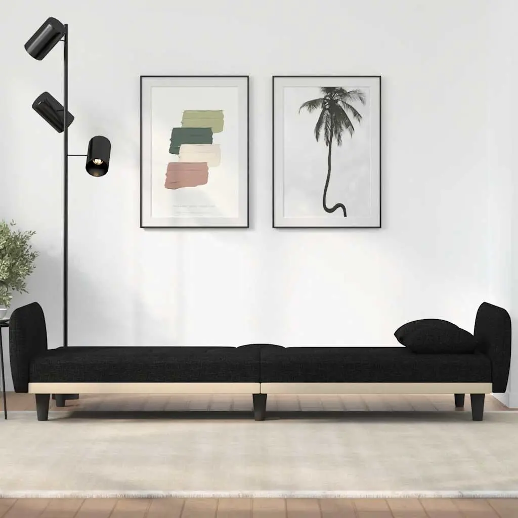 Sofa Bed Black Fabric Adjustable Backrest with Cup Holders and USB Charging Ports