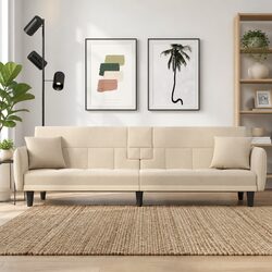 Sofa Bed Cream Fabric Adjustable Backrest Sleeper Couch with Cup Holders Tea