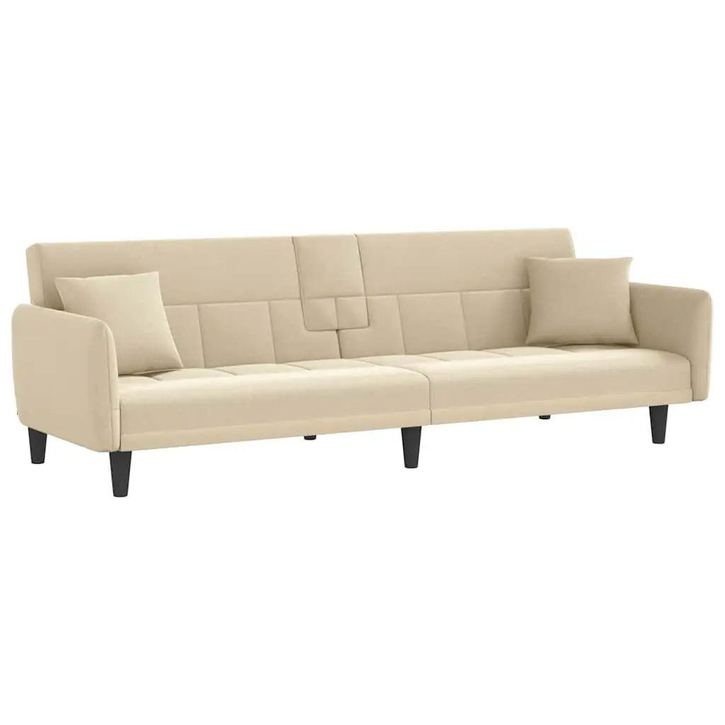 Sofa Bed Cream Fabric Adjustable Backrest Sleeper Couch with Cup Holders