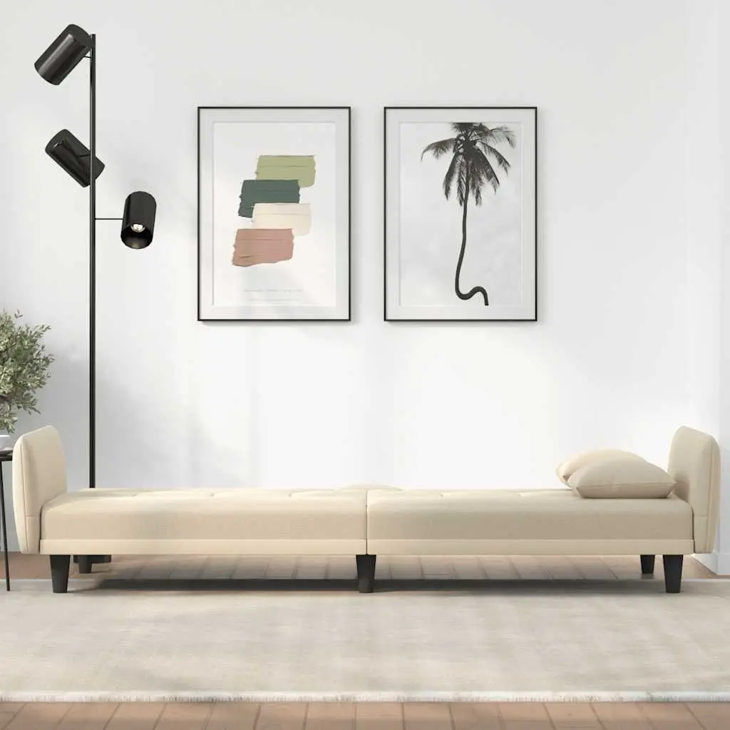 Sofa Bed Cream Fabric Adjustable Backrest Sleeper Couch with Cup Holders