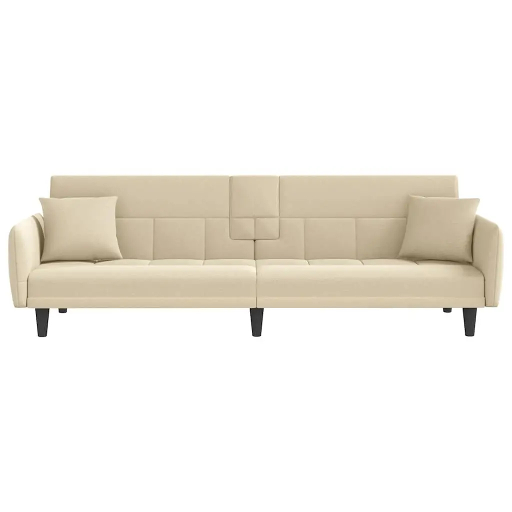 Sofa Bed Cream Fabric Adjustable Backrest Sleeper Couch with Cup Holders