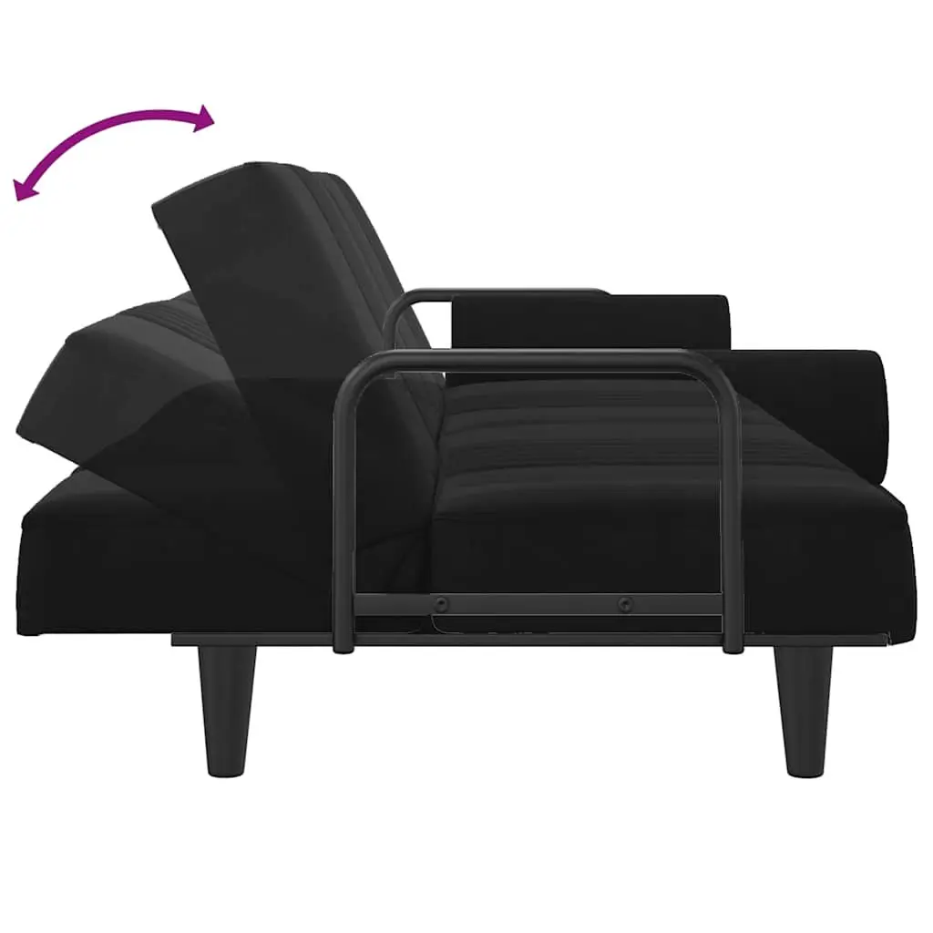 Sofa Bed Adjustable Backrest Padded Armrests Black Velvet Sleeper Couch