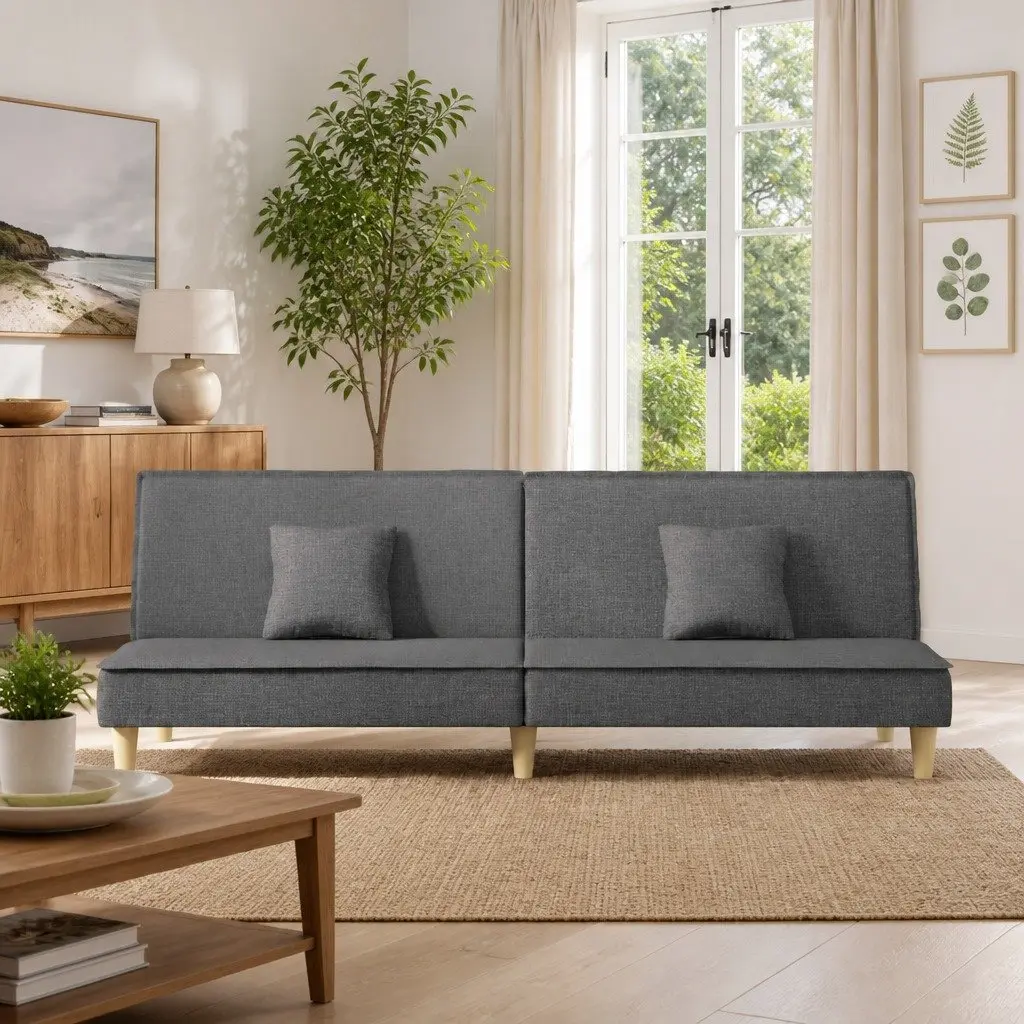 Sofa Bed Grey Fabric Adjustable Backrest Sleeper Couch