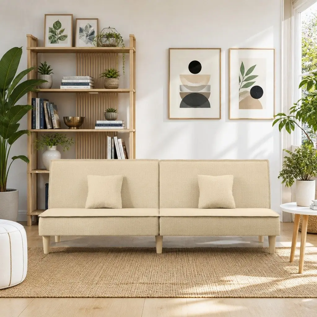 Sofa Bed Cream Fabric Adjustable Backrest Sleeper Couch Guest Bedroom Furniture