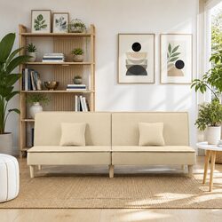 Sofa Bed Cream Fabric Adjustable Backrest Sleeper Couch Guest Bedroom Furniture