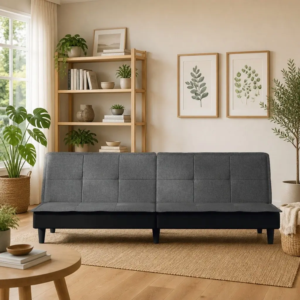 Sofa Bed Adjustable Backrest Grey Fabric Day Bed Style