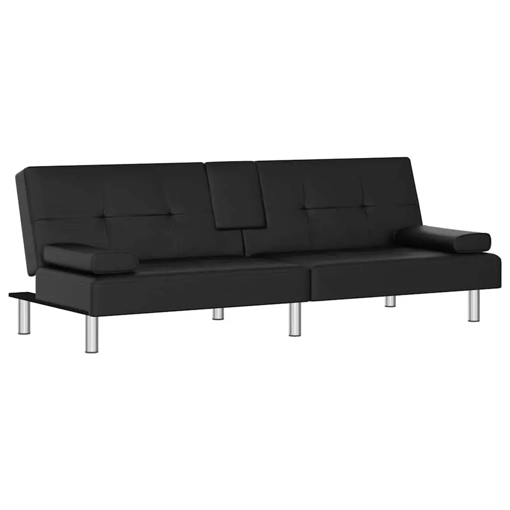 Sofa Bed Adjustable Backrest Black Faux Leather with Cup Holders and USB Ports