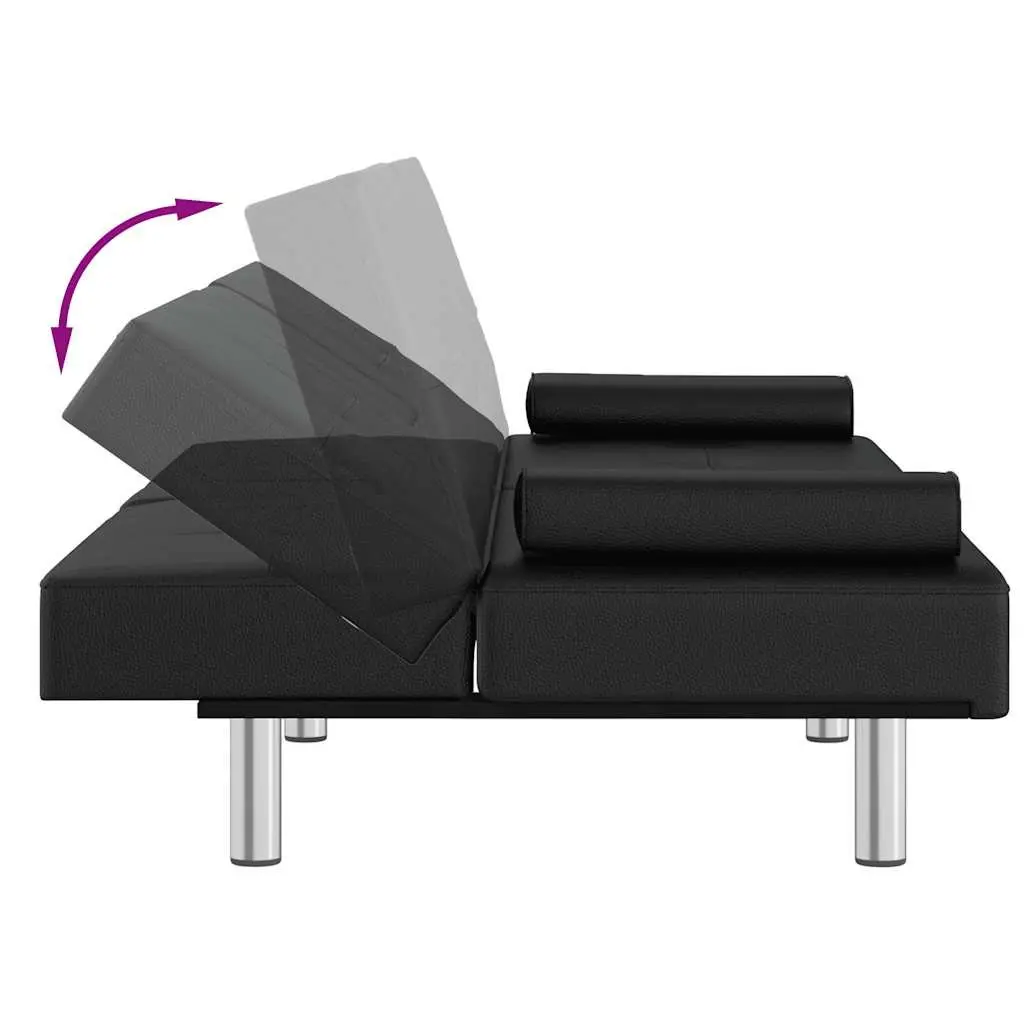 Sofa Bed Adjustable Backrest Black Faux Leather with Cup Holders and USB Ports