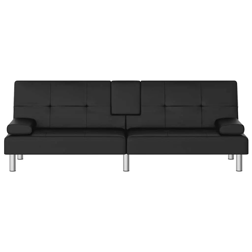 Sofa Bed Adjustable Backrest Black Faux Leather with Cup Holders and USB Ports
