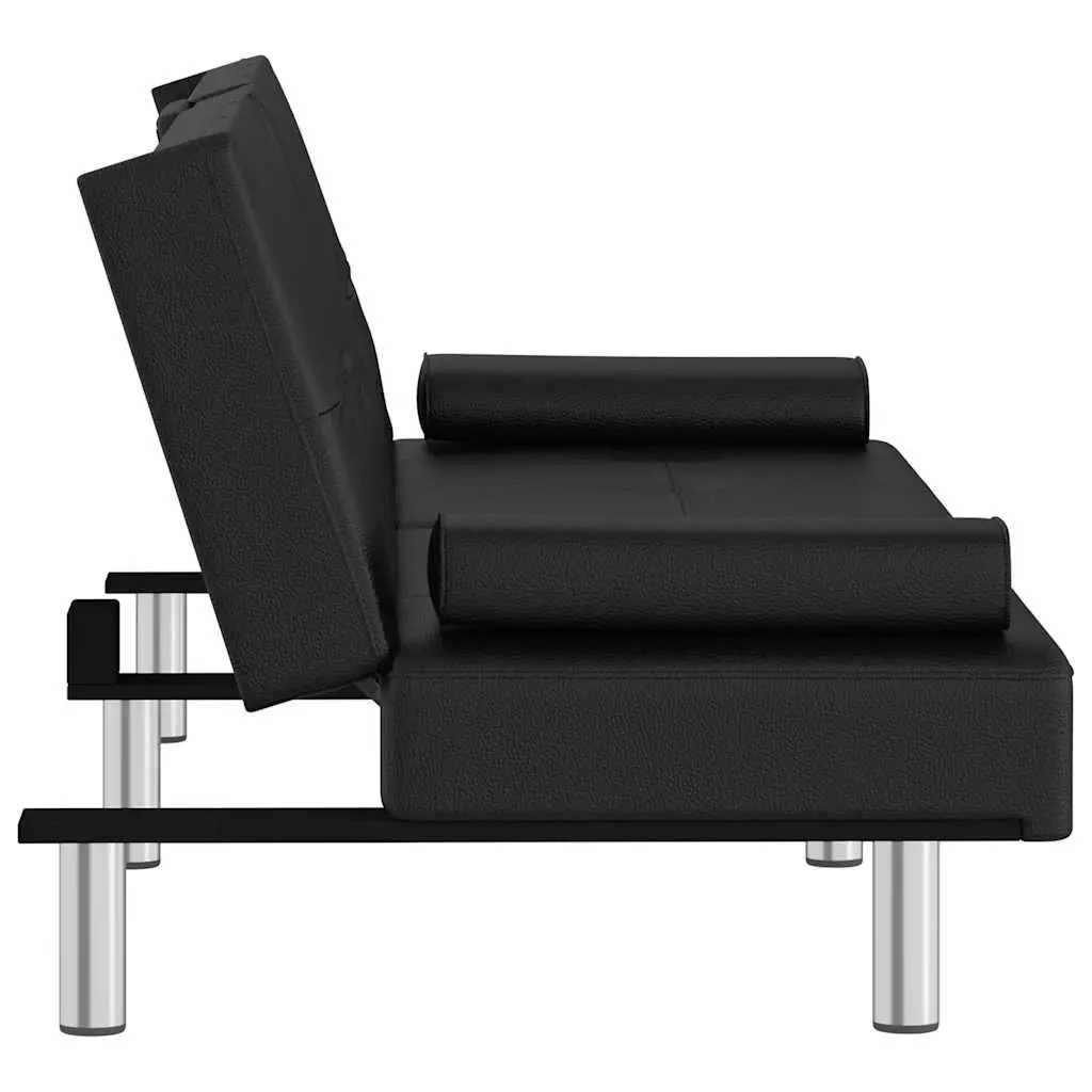 Sofa Bed Adjustable Backrest Black Faux Leather with Cup Holders and USB Ports