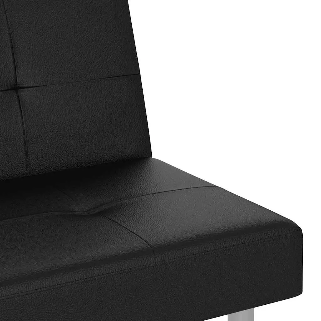 Sofa Bed Adjustable Backrest Black Faux Leather with Cup Holders and USB Ports