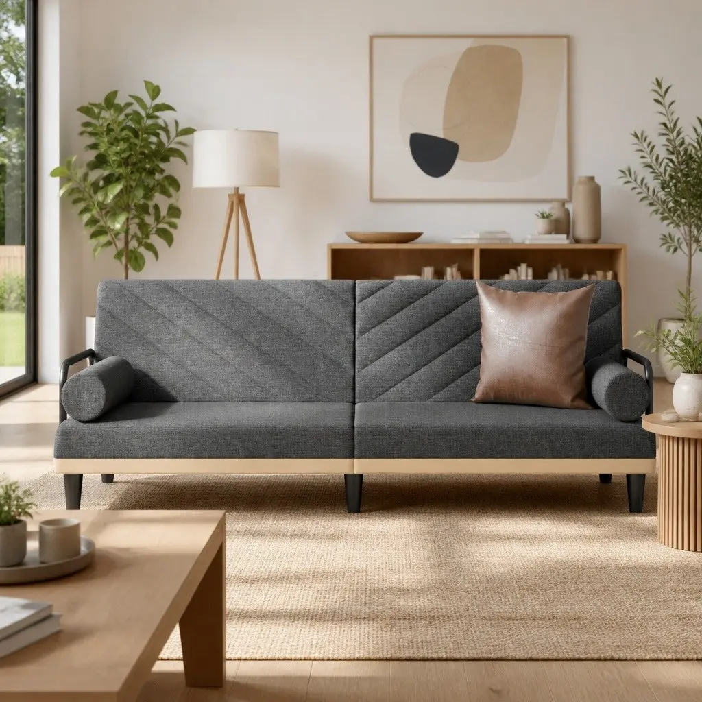 Sofa Bed Grey Fabric Adjustable Backrest with Armrests Convertible Sleeper Couch