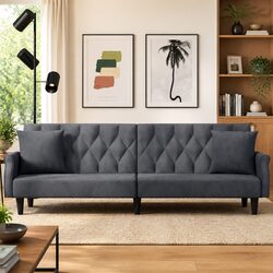 Grey Velvet Sofa Bed with Armrests Adjustable Backrest Sleeper Couch Guest Bed