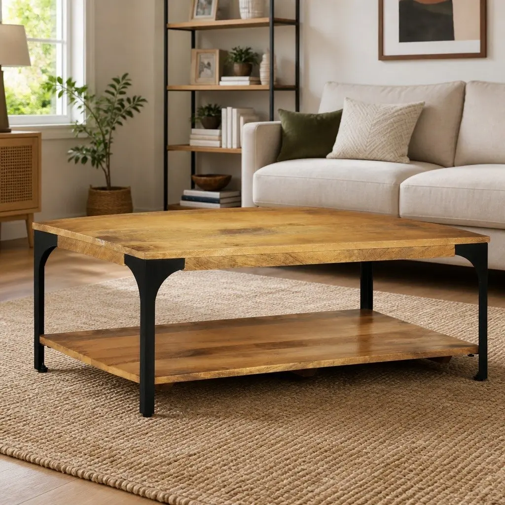 Coffee Table 2-Layer Brown Solid Wood Mango Steel Frame 100W x 55D x 38H cm