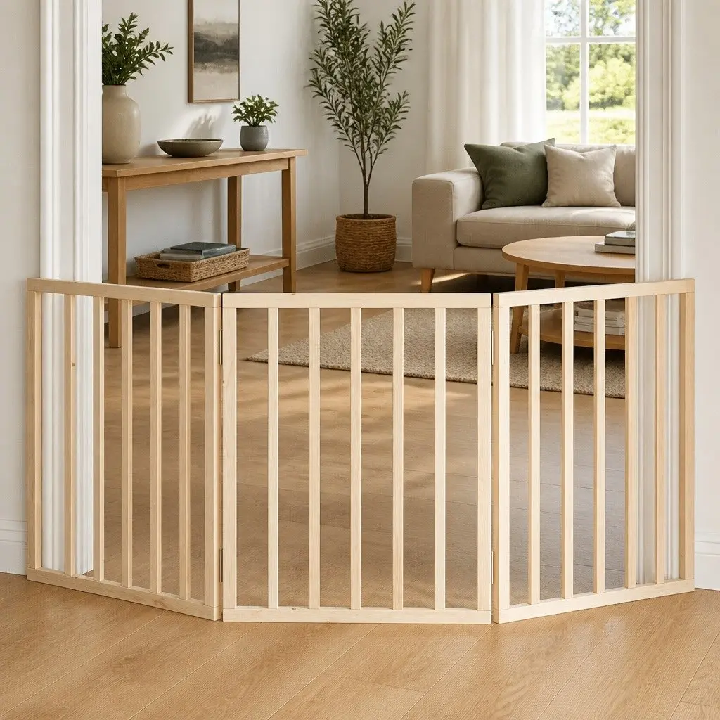 Foldable Dog Gate 150cm Brown Poplar Wood 3 Panel Pet Barrier