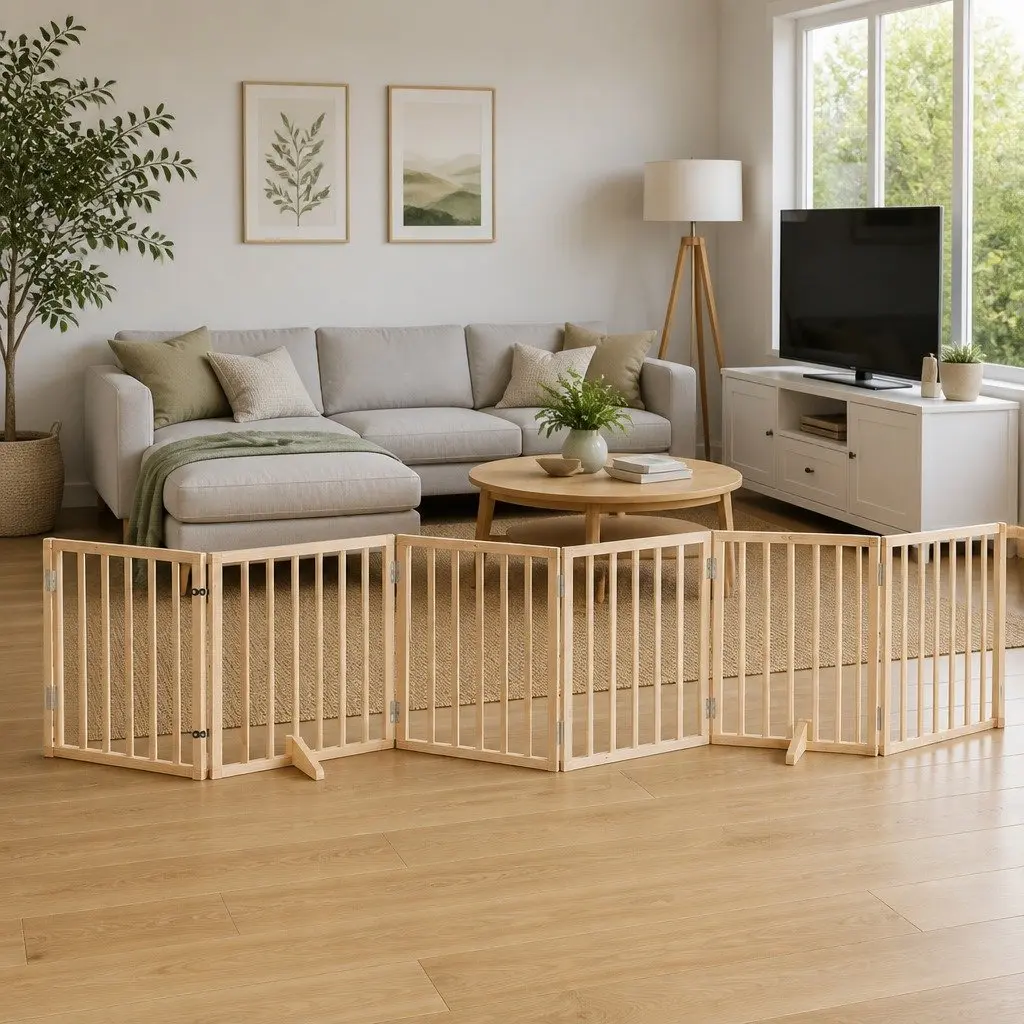 Dog Gate Foldable 6 Panel Poplar Wood Pet Barrier with Door Lock