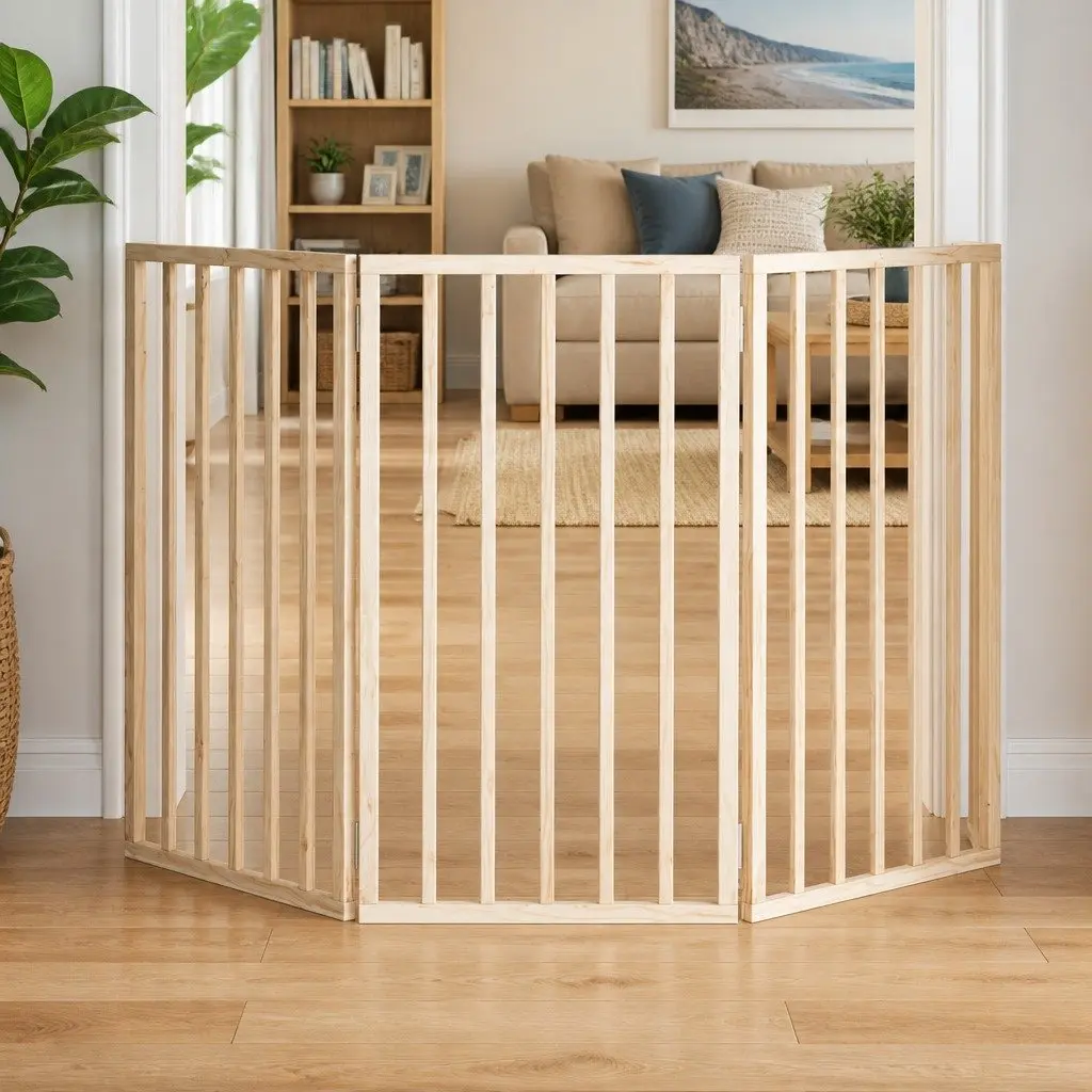 Dog Gate Foldable 3 Panels 150cm Brown Poplar Wood