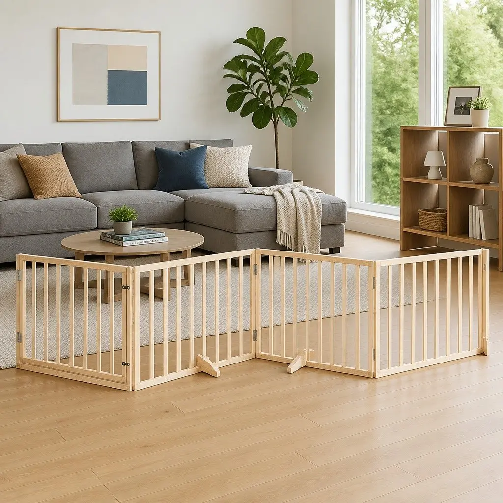 Dog Gate Foldable 4 Panels 320cm Poplar Wood Pet Safety Barrier