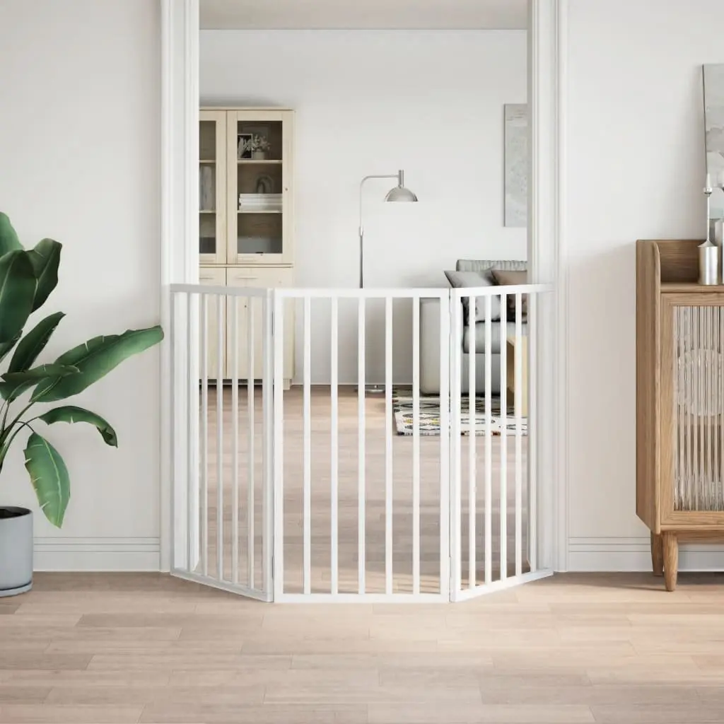Dog Gate Foldable 3 Panels White 150cm Poplar Wood Pet Safety Barrier