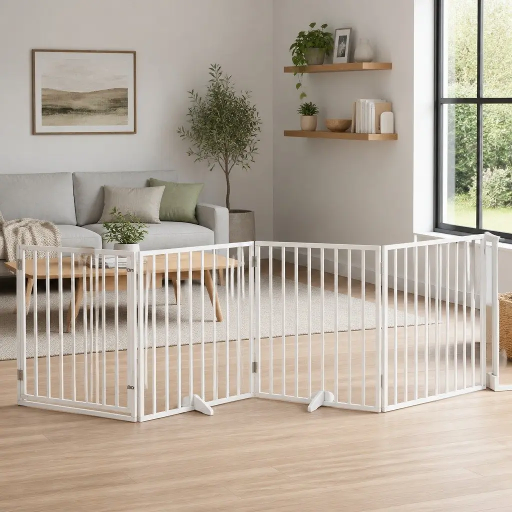Dog Gate Foldable 4 Panels White Poplar Wood Pet Safety Barrier
