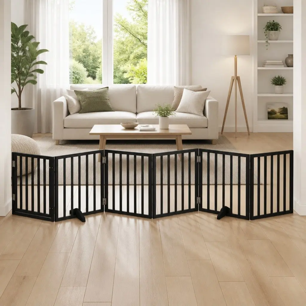 Dog Gate 6 Panel Foldable Black 300cm Poplar Wood Pet Safety Barrier