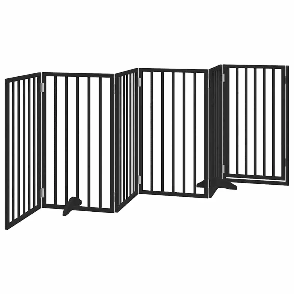 Dog Gate Foldable 6 Panels Black Poplar Wood Pet Safety Barrier