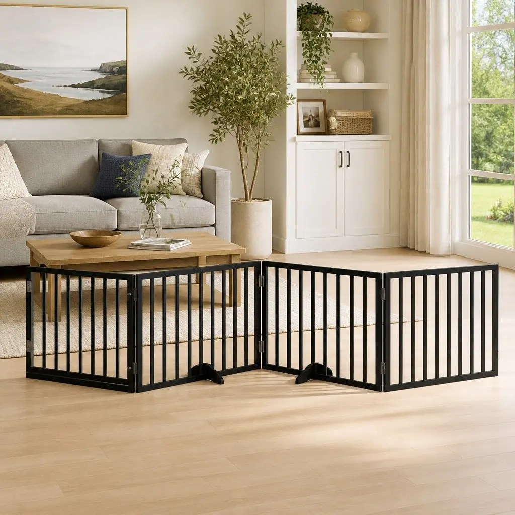 Pet Barrier Foldable 4 Panel Dog Gate with Door Black Poplar Wood