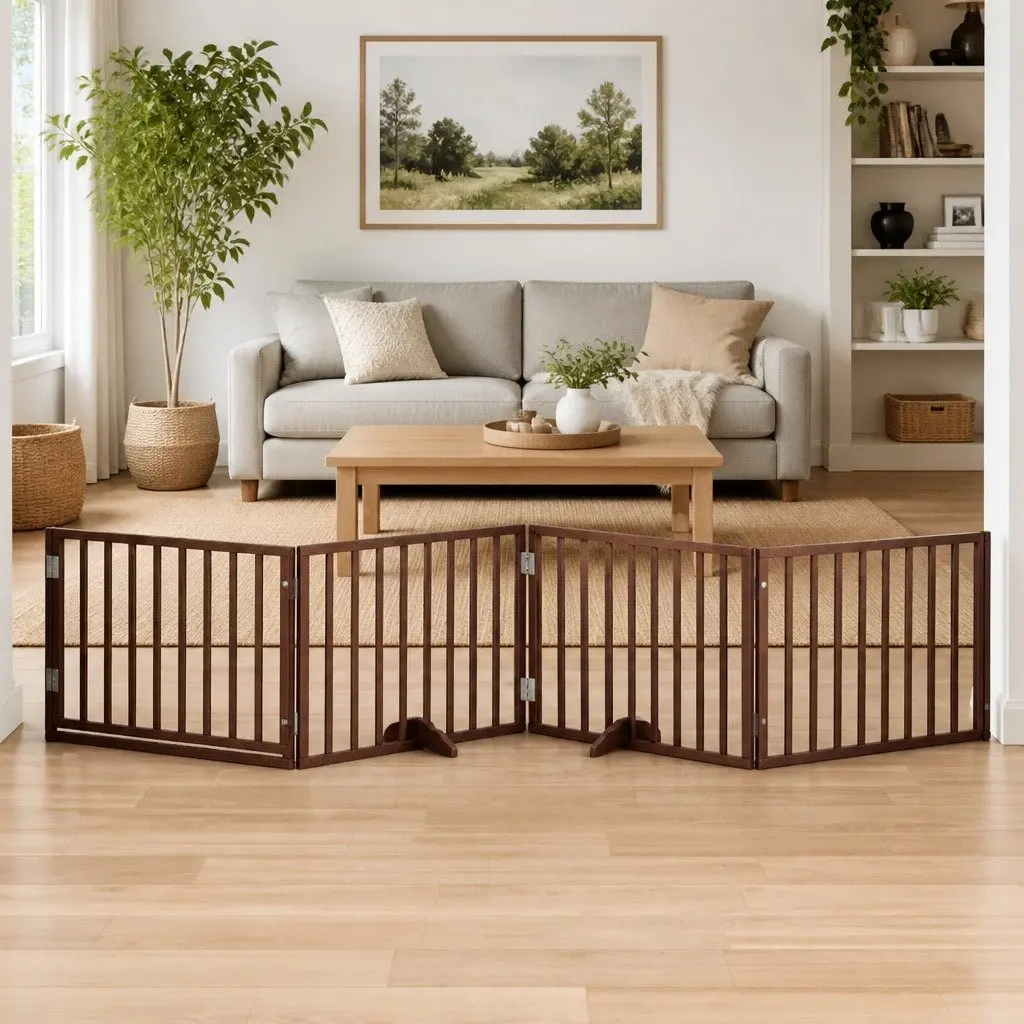 Dog Gate Foldable 4 Panels with Door Brown Poplar Wood Pet Safety Barrier